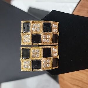 Vintage Checkered Black Enamel Rhinestone Clip On Statement Earrings